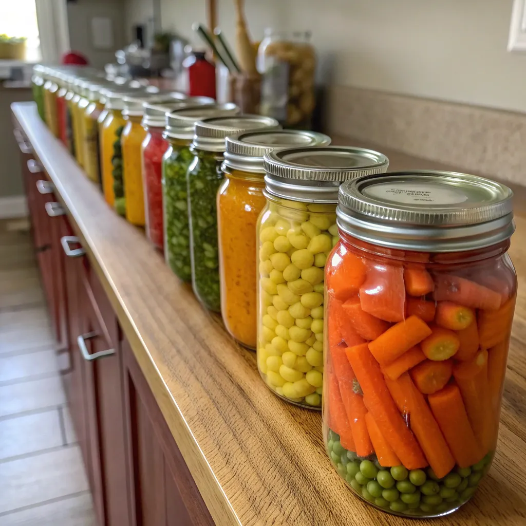 Jars of home-canned vegetables on a kitchen counter