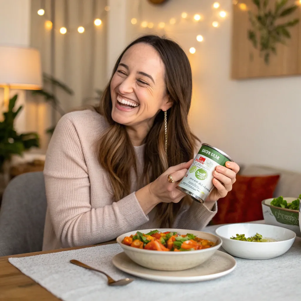Happy Sarah Lee enjoying her canned vegetables